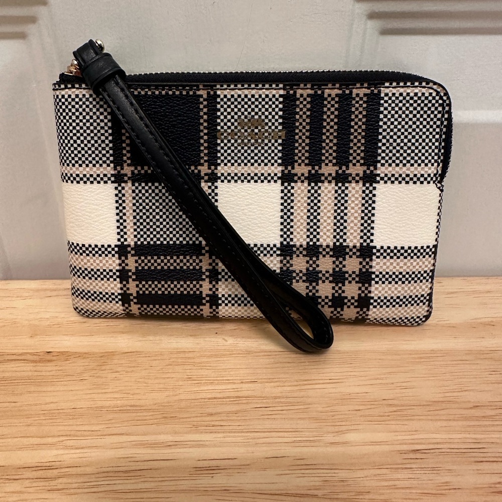 Coach White and Blue Plaid Wristlet Clutch